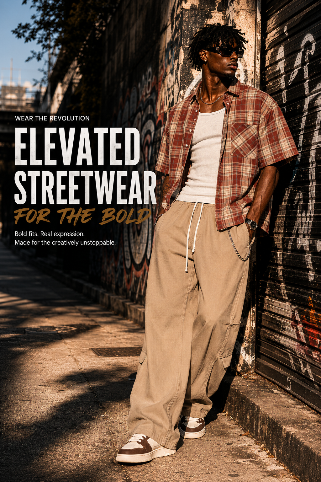 Trendy Male Model styled in contemporary Graffiti Riot streetwear and layered urban fashion posing on a graffiti wall.