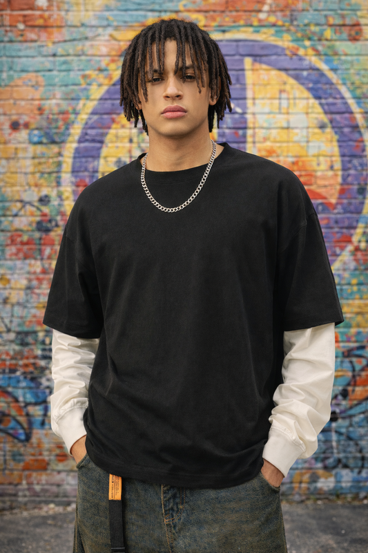 Graffiti Riot™ Quiet Riot Layered Contrast Sleeve Paint Splatter Tee