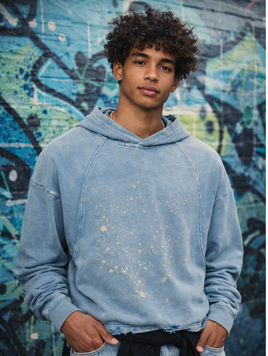 Quiet Riot™ Vintage Wash Paint-Splatter Hoodie – Dust Blue