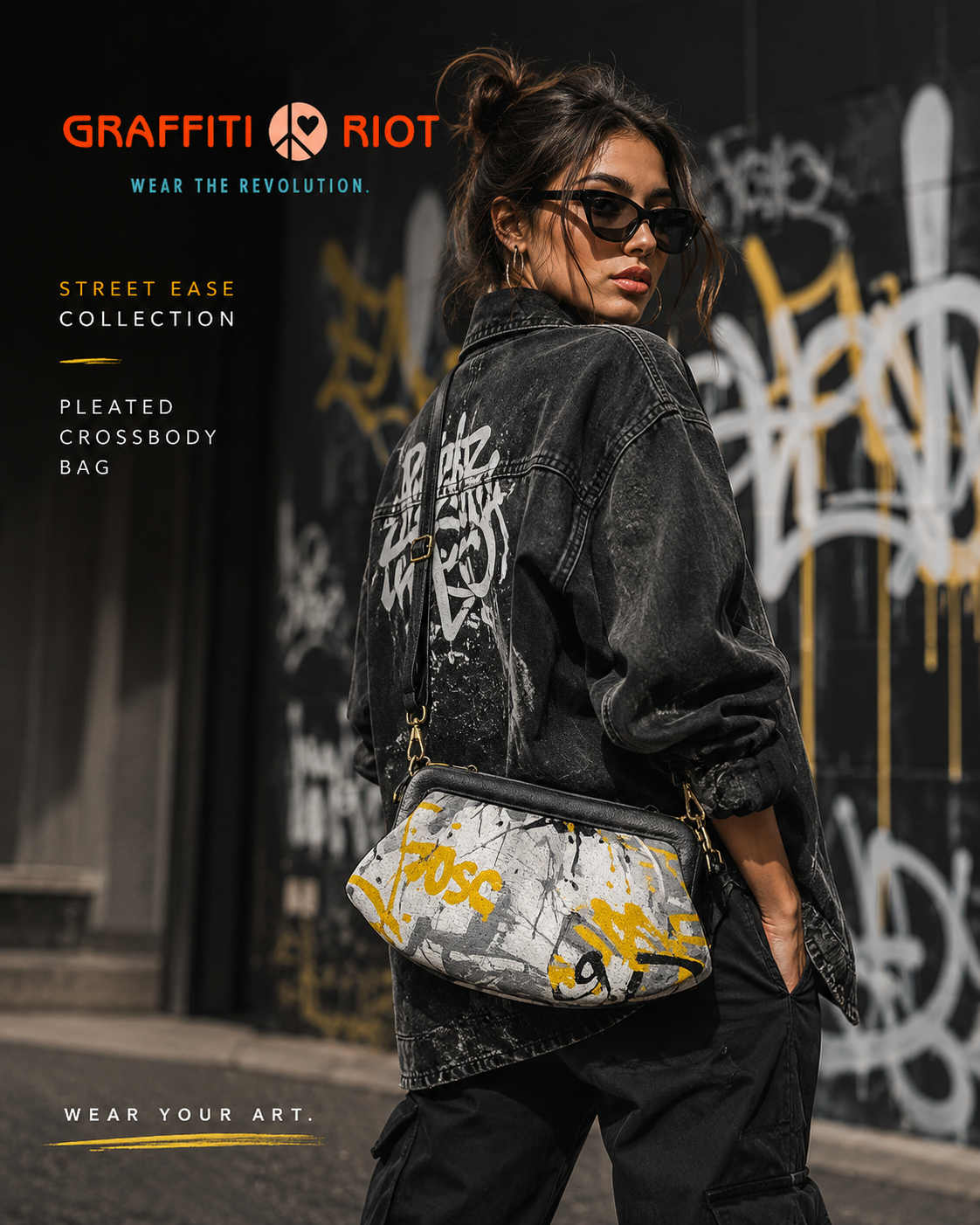 Graffiti Riot Street Ease Pleated Crossbody Bag - Nappa or Vegan