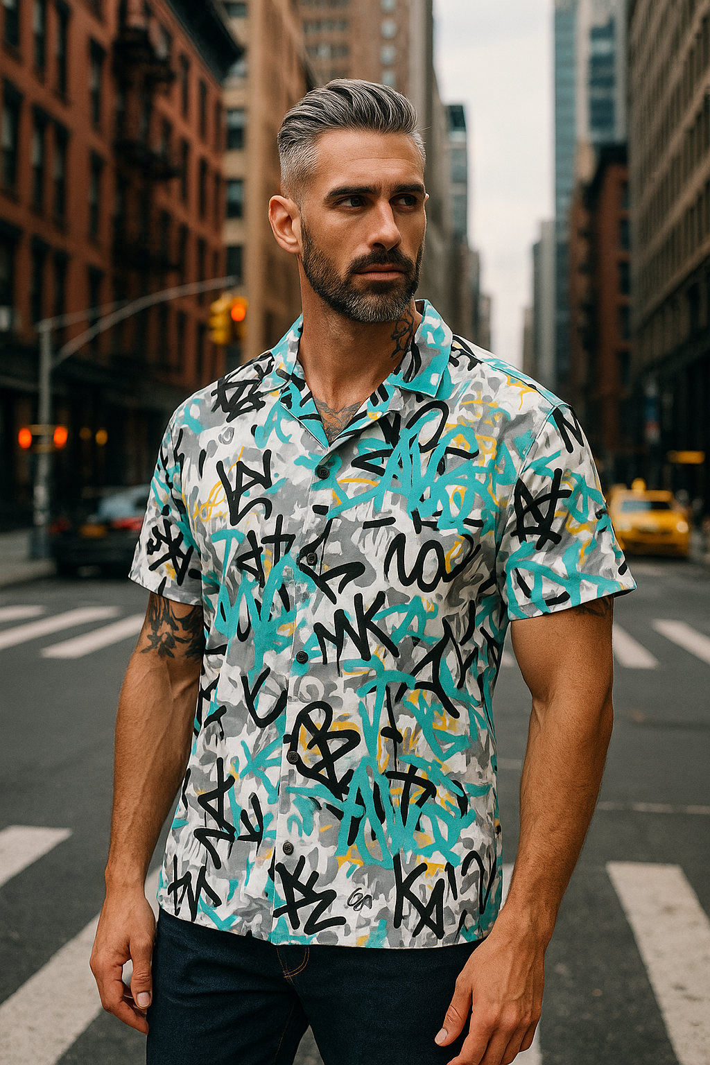 Fresh Ink: Aqua Graffiti Button-Down Shirt