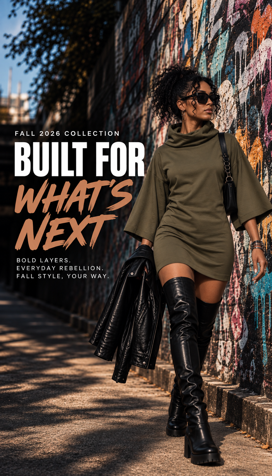 A woman walking outdoors beside a graffiti-covered wall, wearing an olive green cowl-neck mini dress, black thigh-high boots, and carrying a black leather jacket. Large promotional text overlays read 'FALL 2026 COLLECTION', 'BUILT FOR WHAT'S NEXT', and 'BOLD LAYERS.