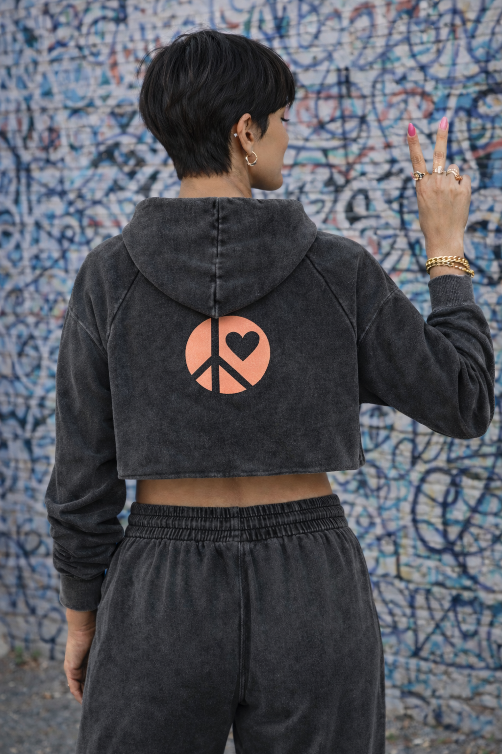 Graffiti Riot™ Vintage Washed Raw Edge Cropped Hoodie – Peace & Love Emblem