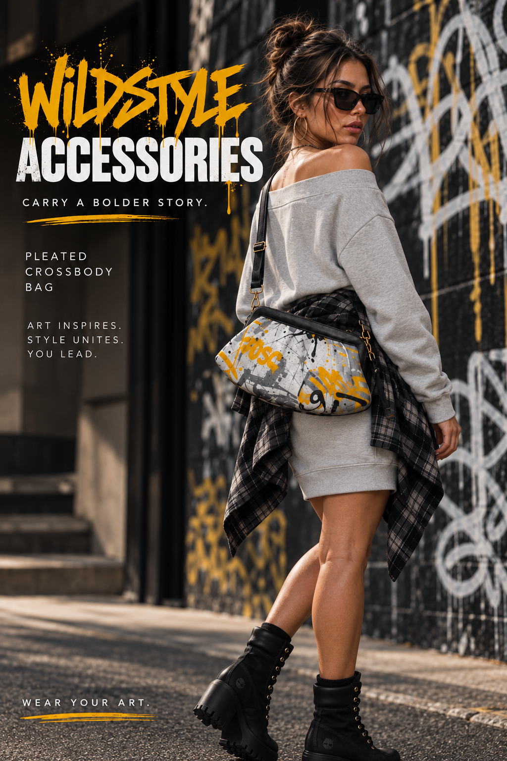 A woman wearing sunglasses, a gray off-the-shoulder sweater, and black combat boots walks along a city street beside a graffiti-covered wall, carrying a pleated crossbody bag with a gray, white, and yellow graphic design. Promotional text for Wildstyle Accessories appears on the left side of the image.