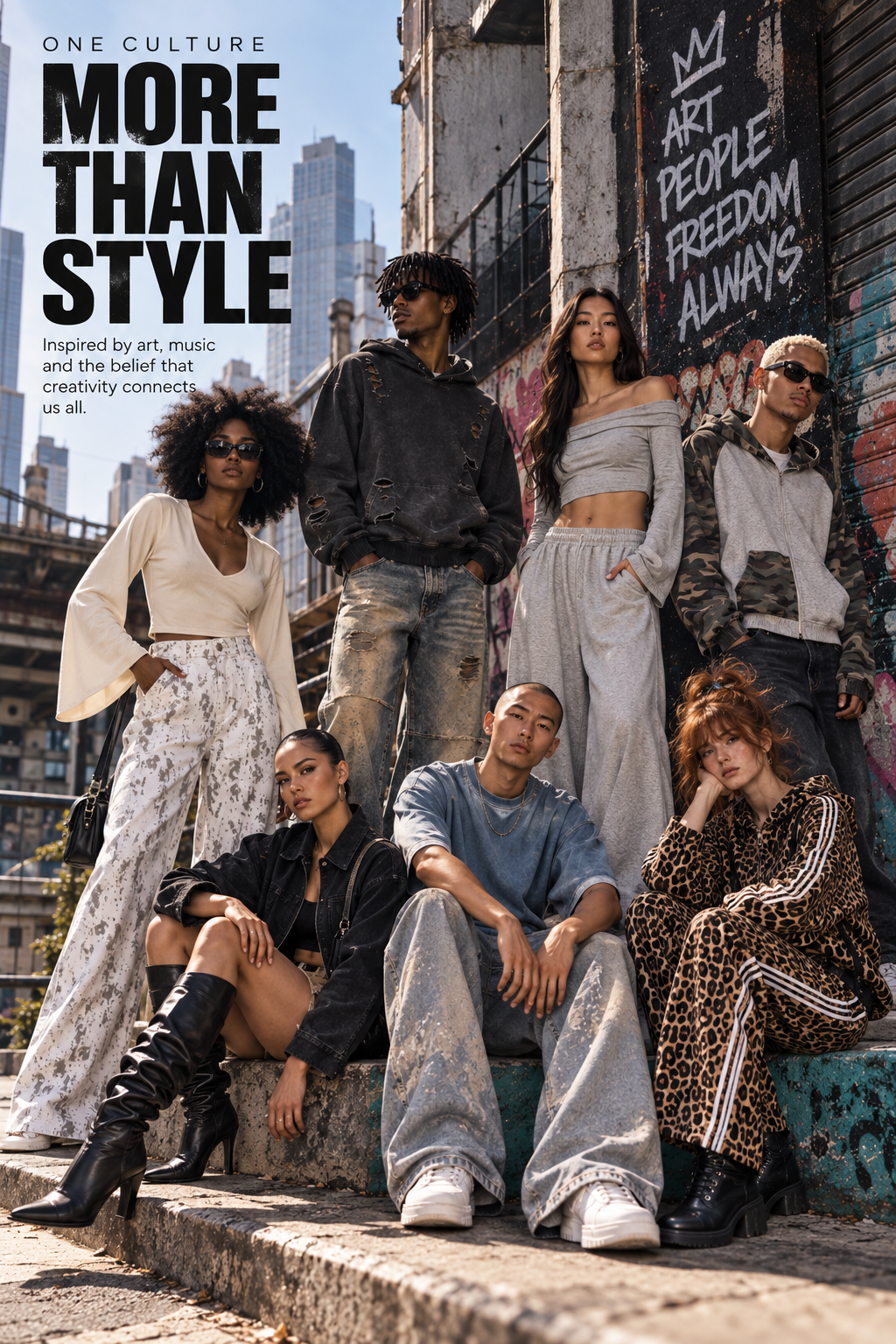 Diverse models wearing Graffiti Riot streetwear in an urban graffiti setting. 